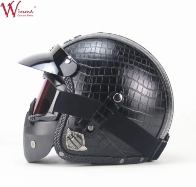 Casco de motocicleta de cara completa Imitación de piel de cocodrilo Retro con anteojos extraíbles