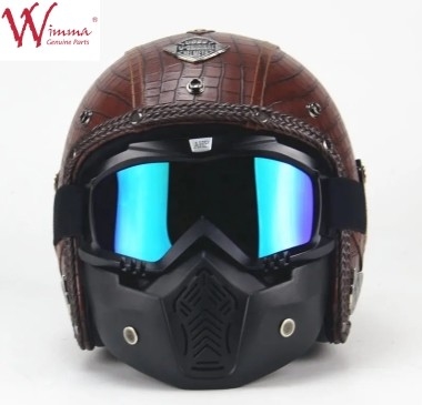 Casco de motocicleta de cara completa Imitación de piel de cocodrilo Retro con anteojos extraíbles